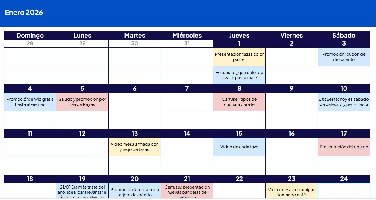 Calendario de redes sociales enero 2026 con ejemplos de contenido.