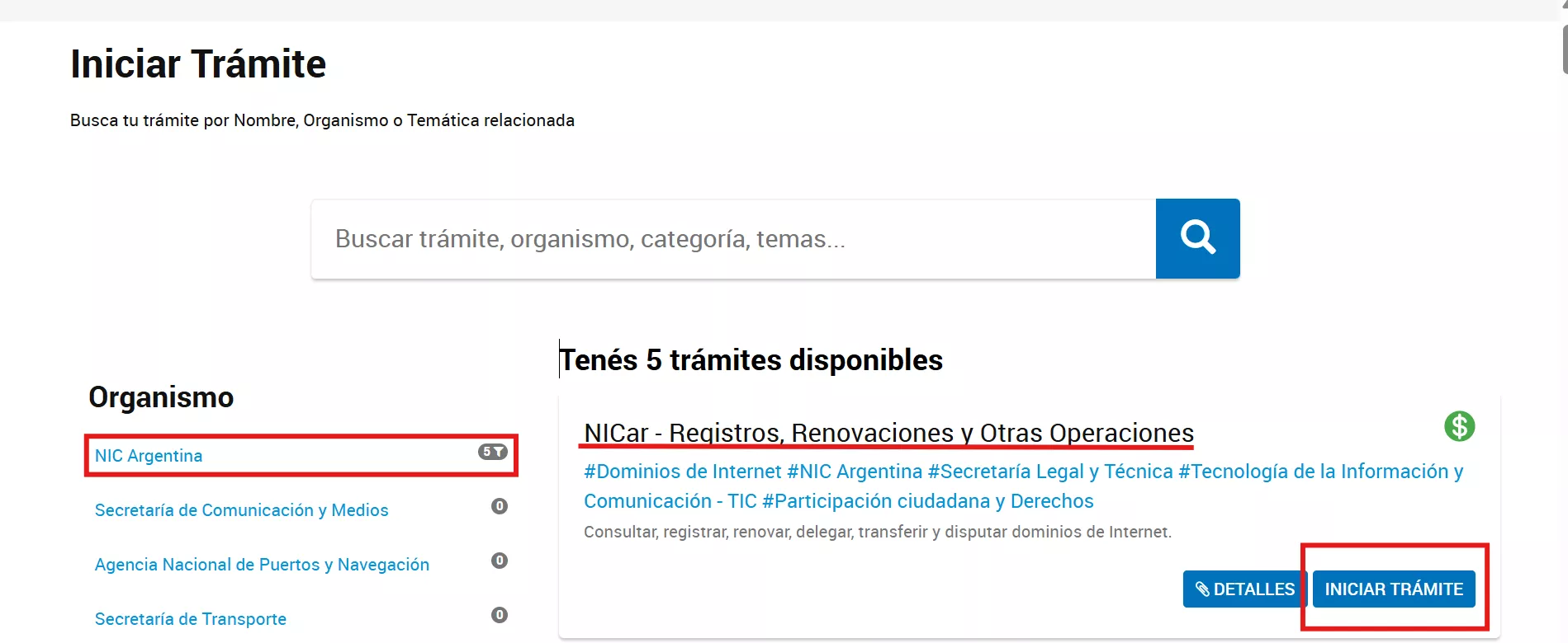 Iniciar trámite en NIC Argentina.