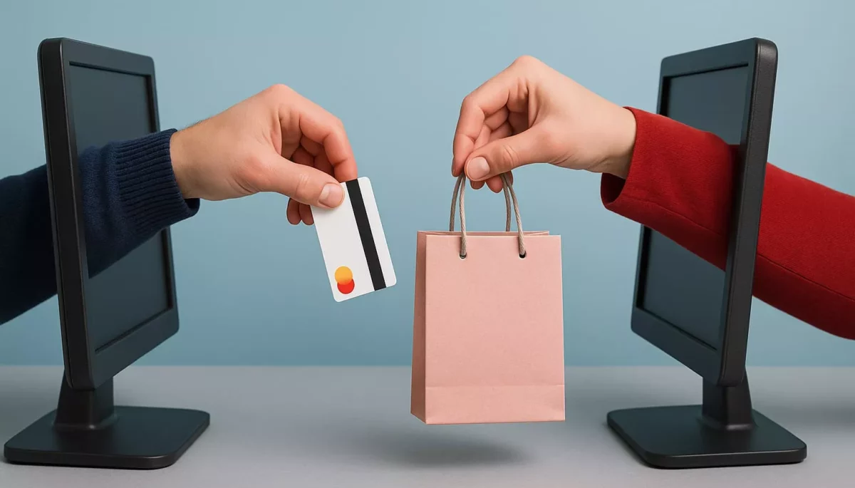 Dos manos salen desde computadoras realizando una transacción, lo que representa visualmente las ventajas del ecommerce como la comodidad y rapidez en las compras en línea.