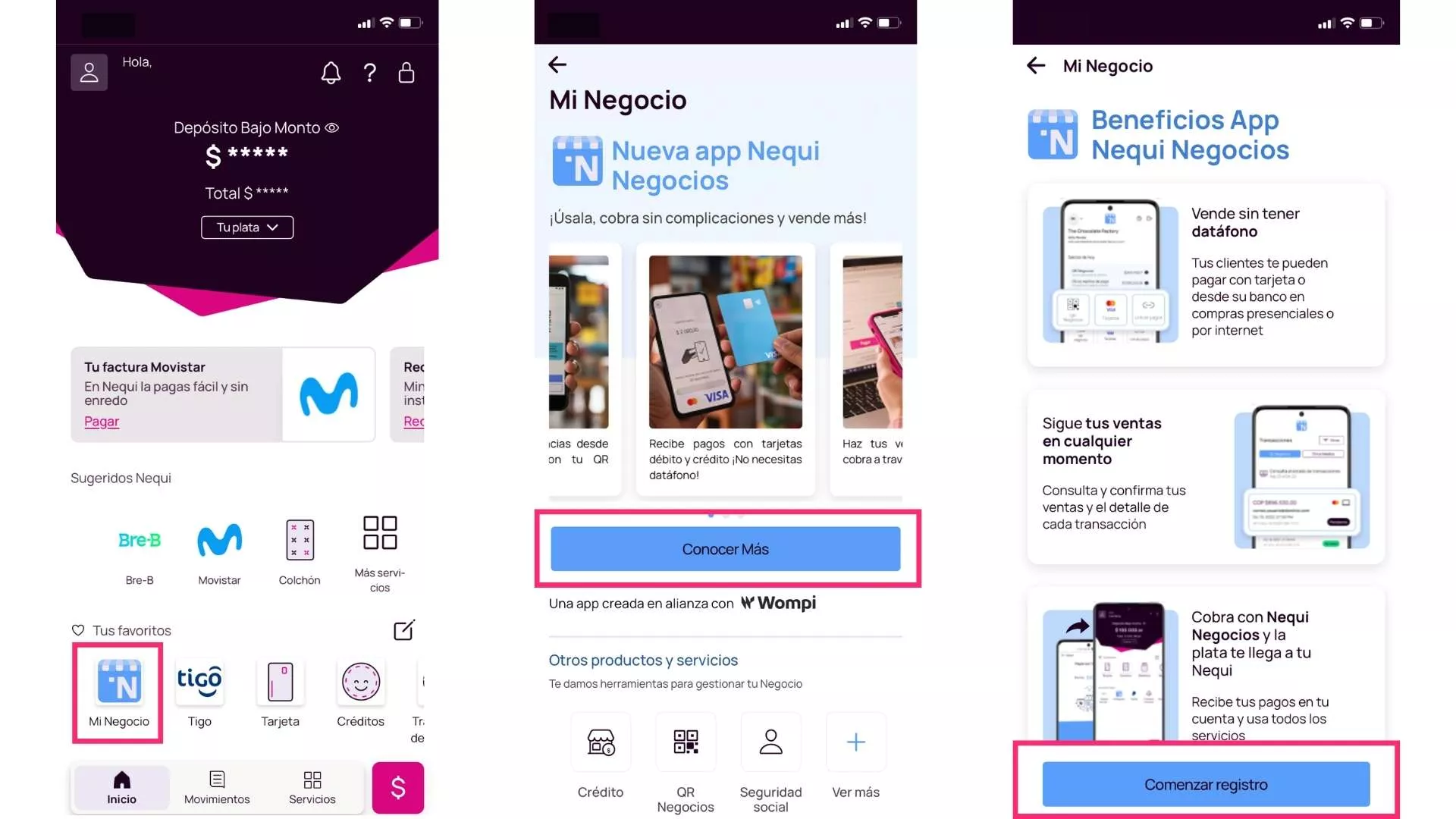 Pasos para crear una cuenta Nequi Negocios: Abrir la app Nequi y entrar a &ldquo;Mi negocio&rdquo;, iniciar el registro en Nequi Negocios, aceptar los t&eacute;rminos, completar los datos del negocio, confirmar correo y direcci&oacute;n, revisar las tarifas, generar el QR Negocios si aplica, crear el usuario, descargar la app Nequi Negocios e ingresar para crear la contrase&ntilde;a.