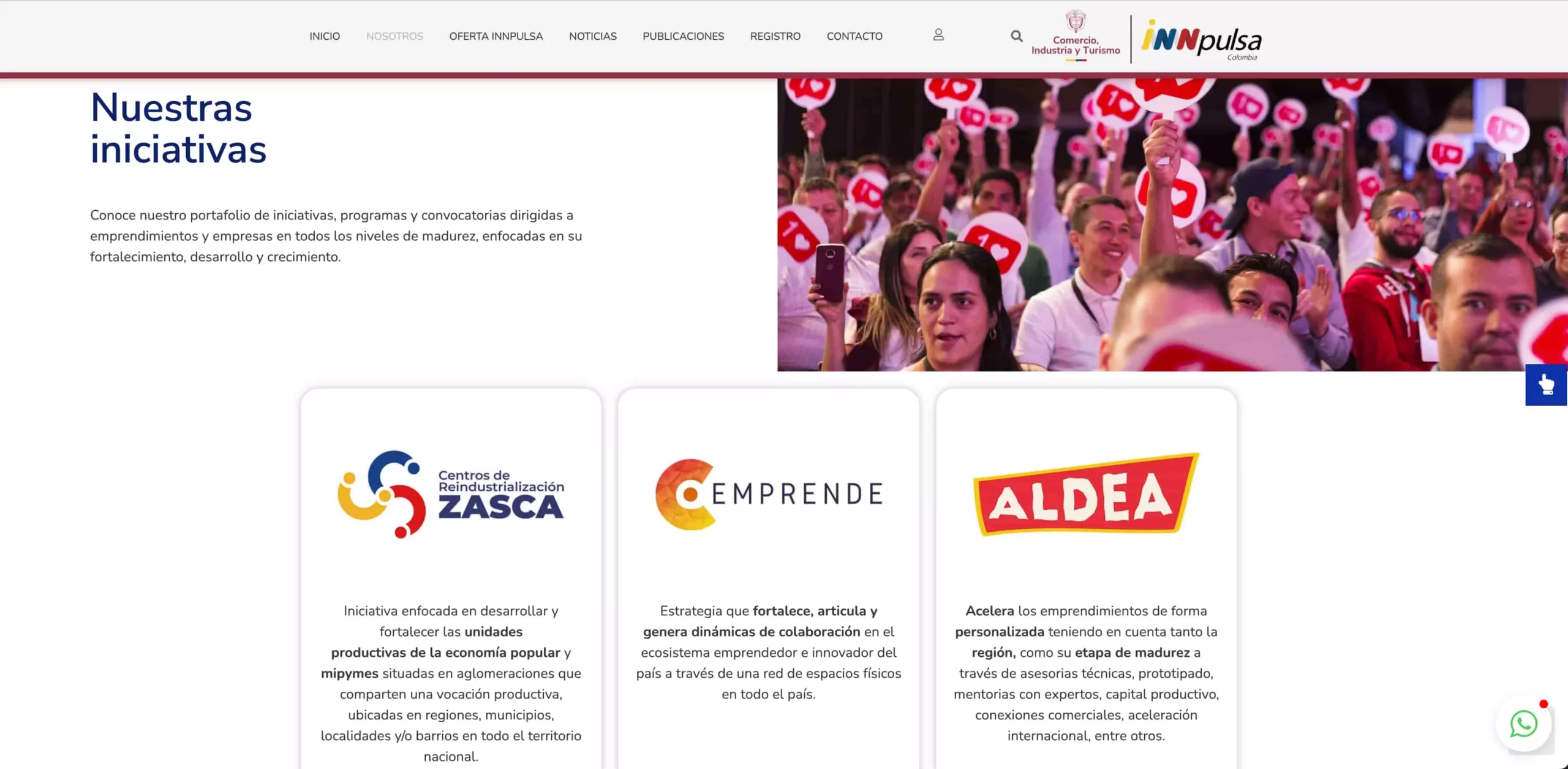 P&aacute;gina web oficial de iNNpulsa, uno de los programas que ofrece subsidios para emprendedores en Colombia.