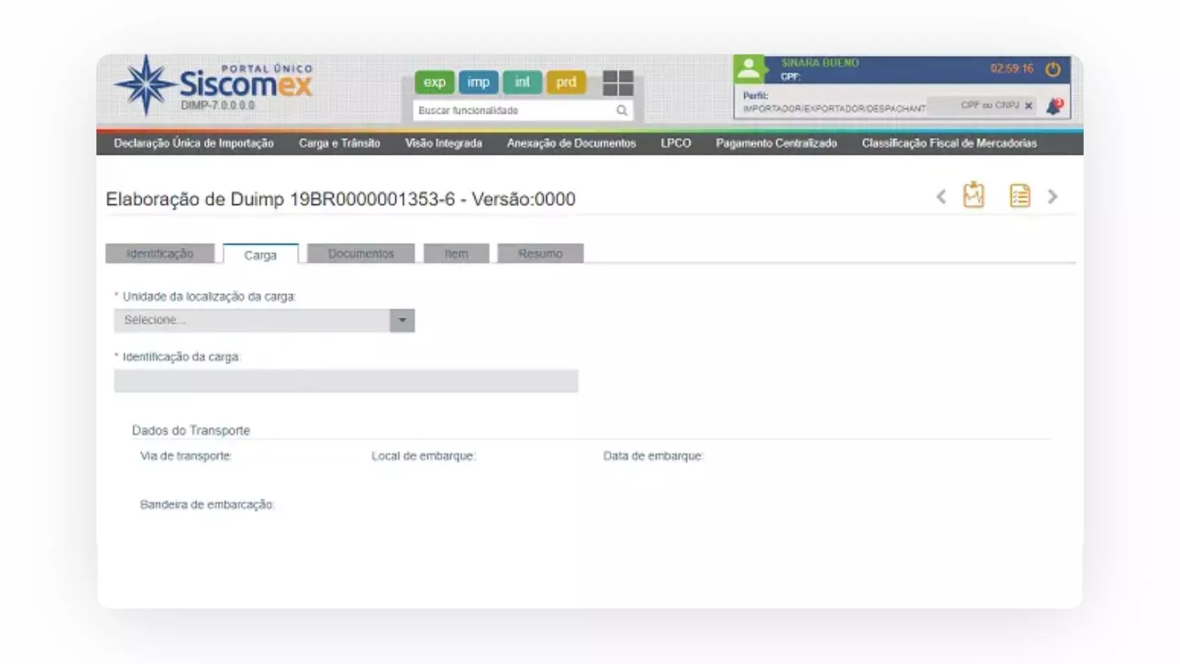 Exemplo de registro da DUIMP.