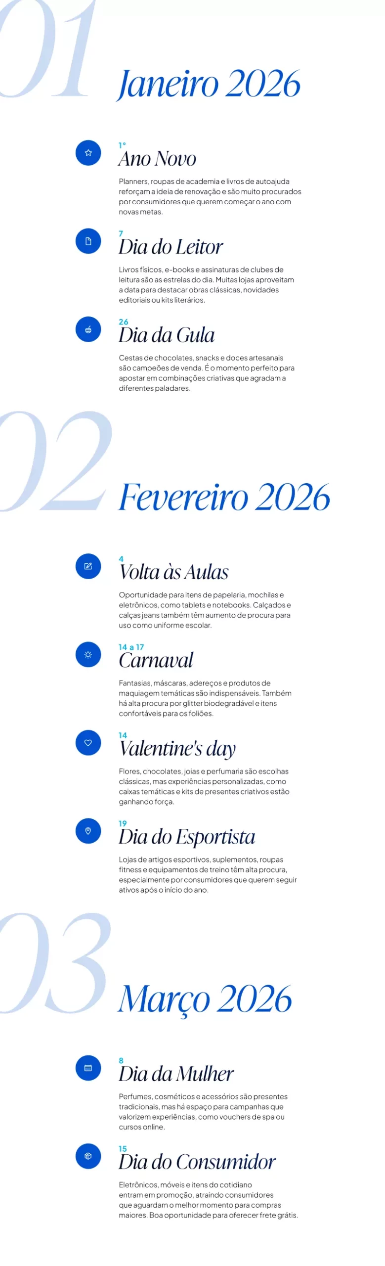 Calendário comercial de janeiro, fevereiro e março