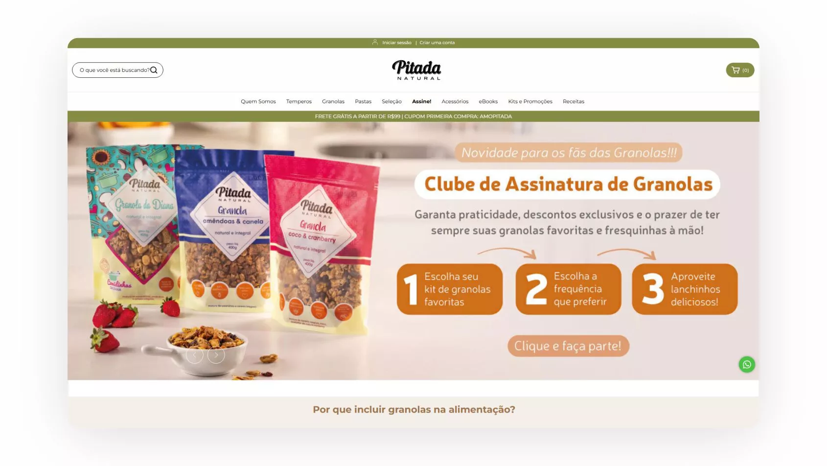 Captura de tela do clube de assinatura Pitada Natural