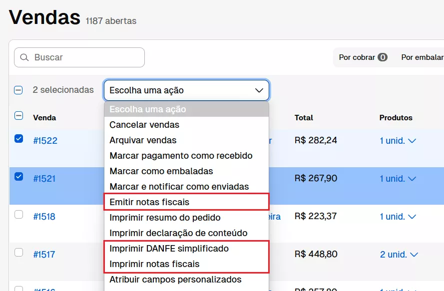 Captura de tela do painel Nuvemshop para emitir nota fiscal