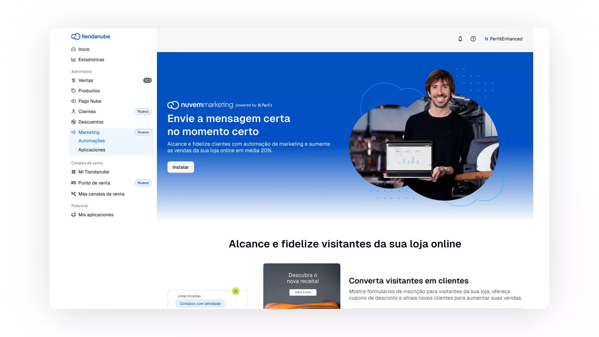 Na imagem, vemos o funcionamento do Nuvem Marketing no painel administrativo.