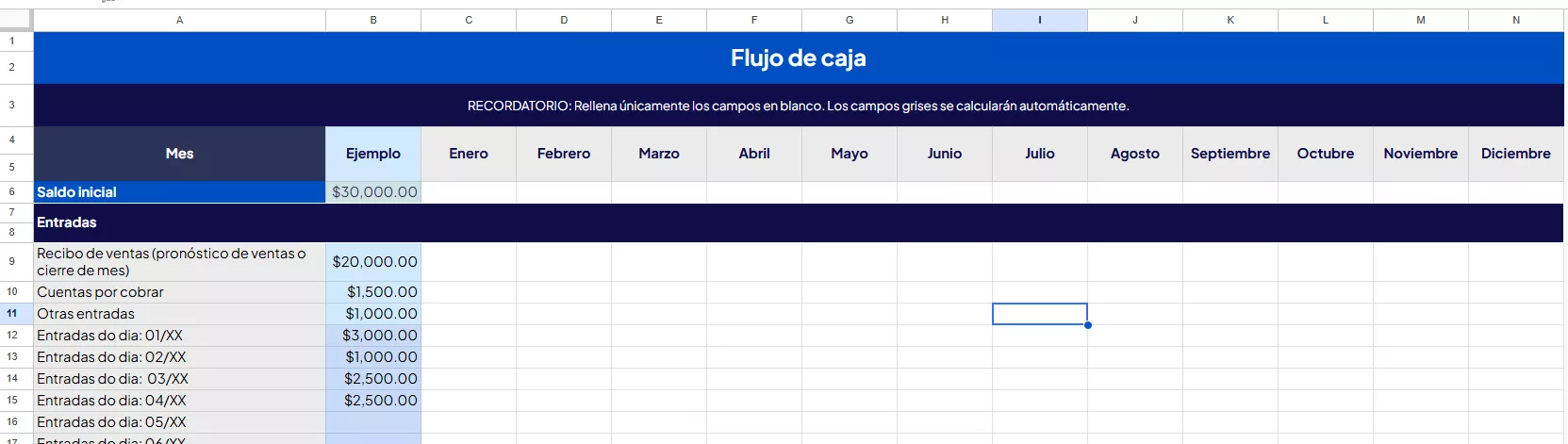 Captura de la plantilla de flujo de caja gratuita.