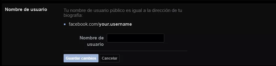 Para modificar la URL de Facebook, hay que elegir un Nombre de Usuario