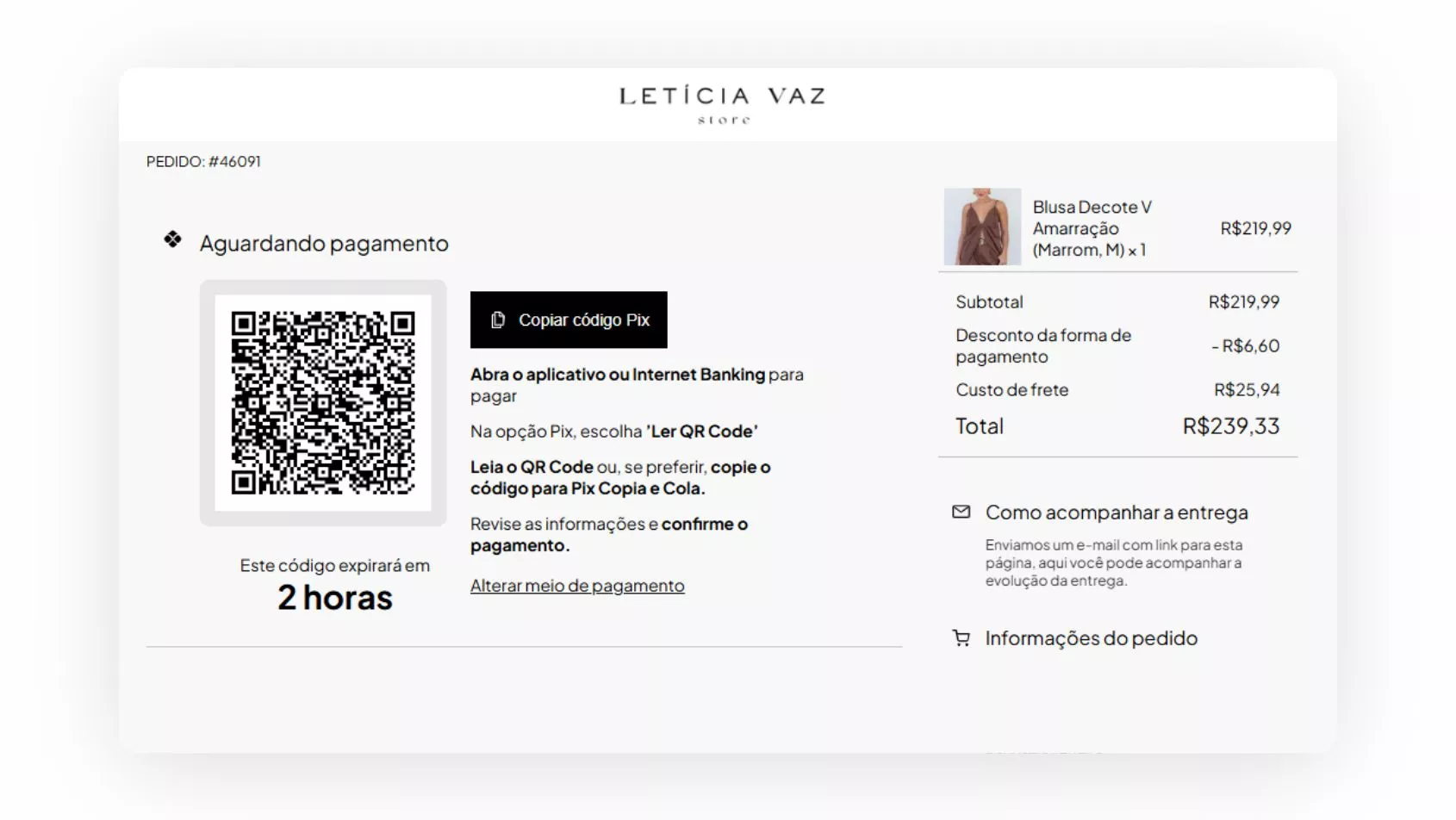 Captura de tela pagamento com Pix no e-commerce LV Store.