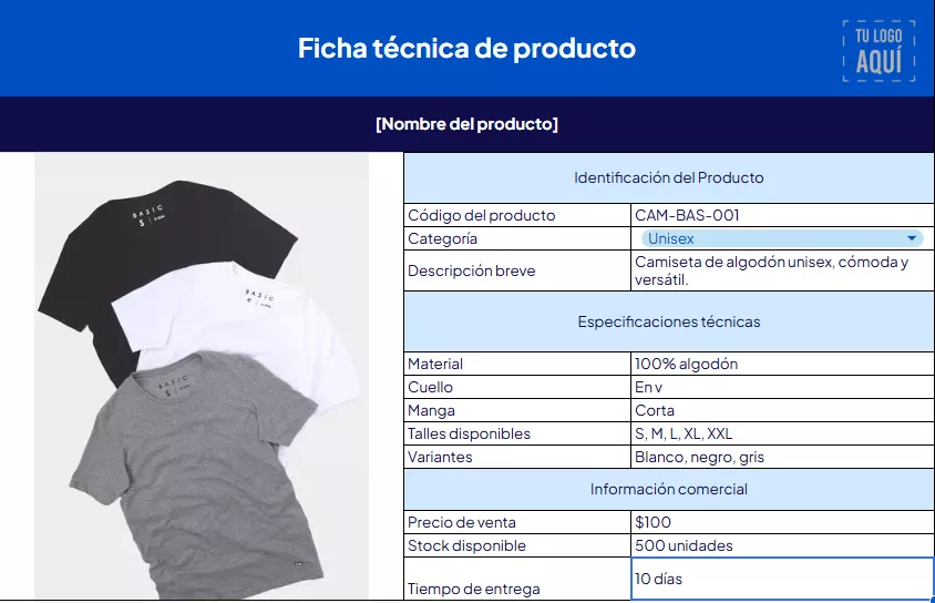 Ejemplo de ficha t&eacute;cnica de producto de remeras.