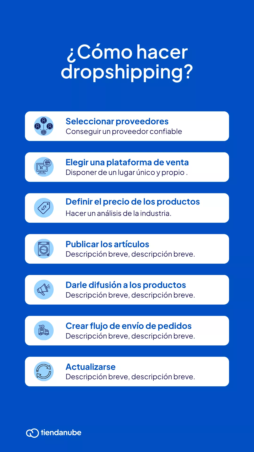 Cómo hacer dropshipping en México: Seleccionar proveedores Elegir una plataforma de venta Definir el precio de los productos Publicar los artículos Darle difusión a los productos Crear un flujo de envío de pedidos al proveedor Actualizarse