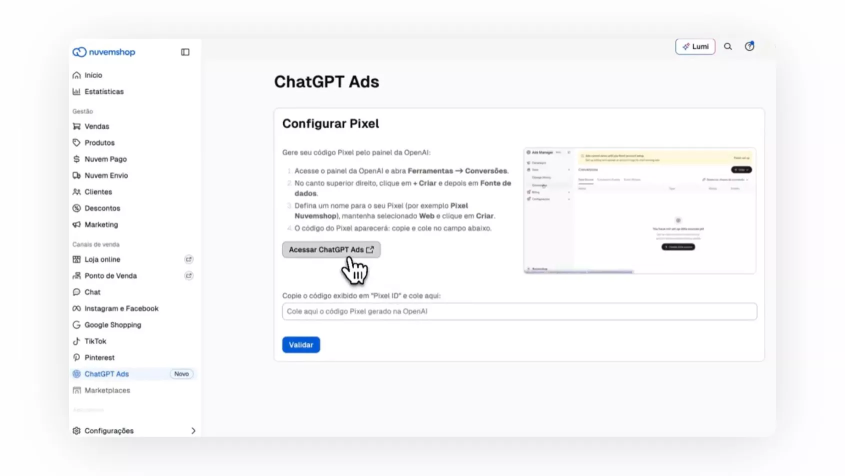 Captura de tela da integração com ChatGPT Ads na Nuvemshop.