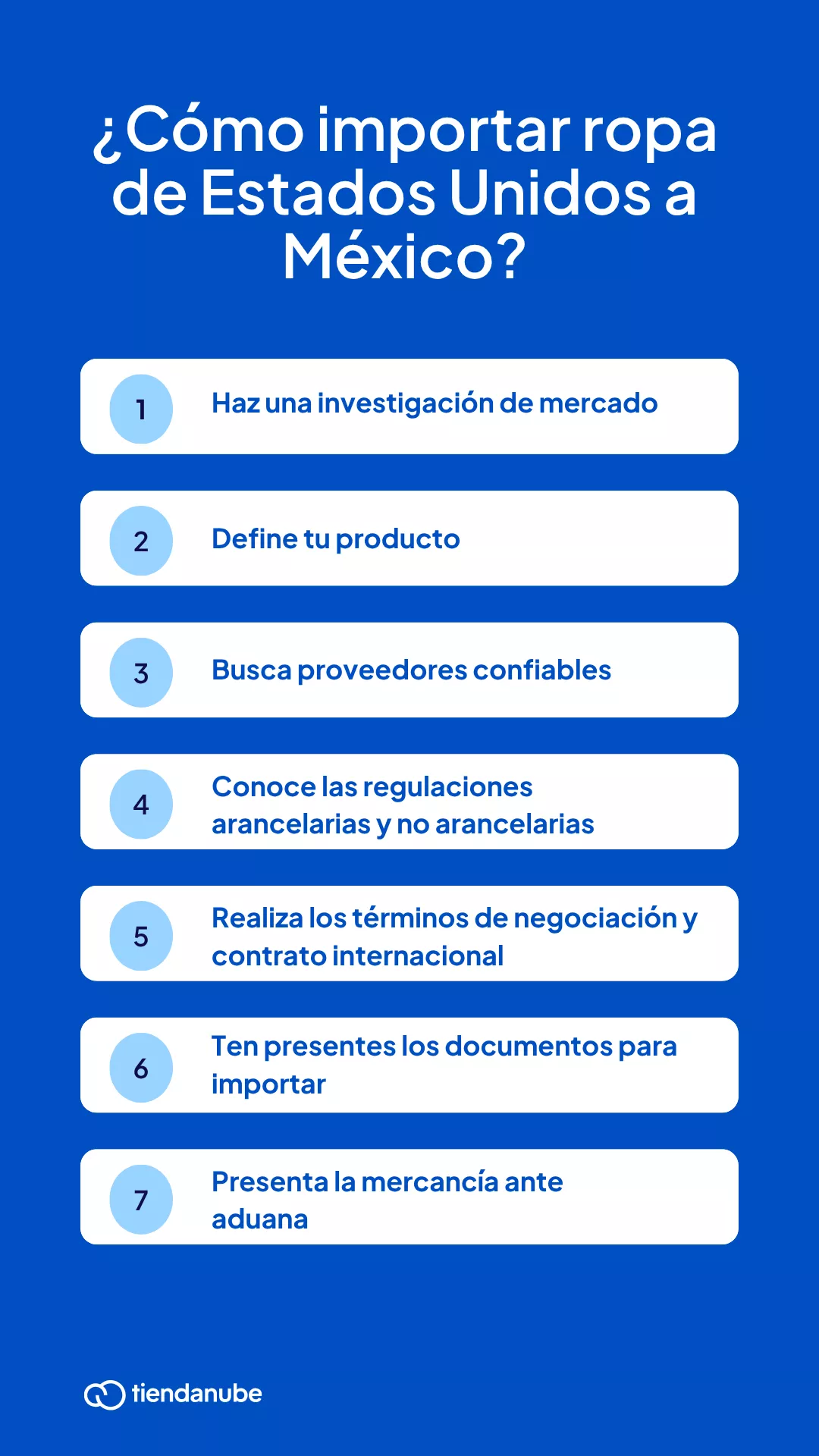 &iquest;C&oacute;mo importar ropa de Estados Unidos a M&eacute;xico? 1. Haz una investigaci&oacute;n de mercado 2. Define tu producto 3. Busca proveedores confiables 4. Conoce las regulaciones arancelarias y no arancelarias 5. Realiza los t&eacute;rminos de negociaci&oacute;n y contrato internacional 6. Ten presentes los documentos para importar 7. Presenta la mercanc&iacute;a ante aduana