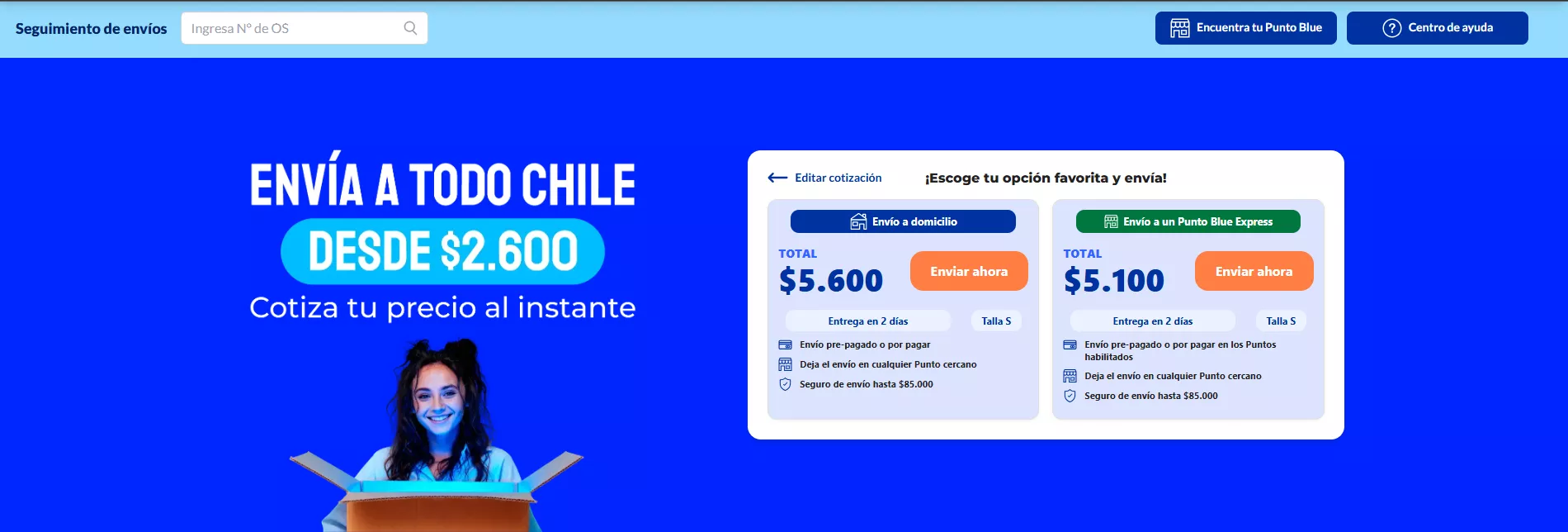 Simulación de cotización en Blue Express