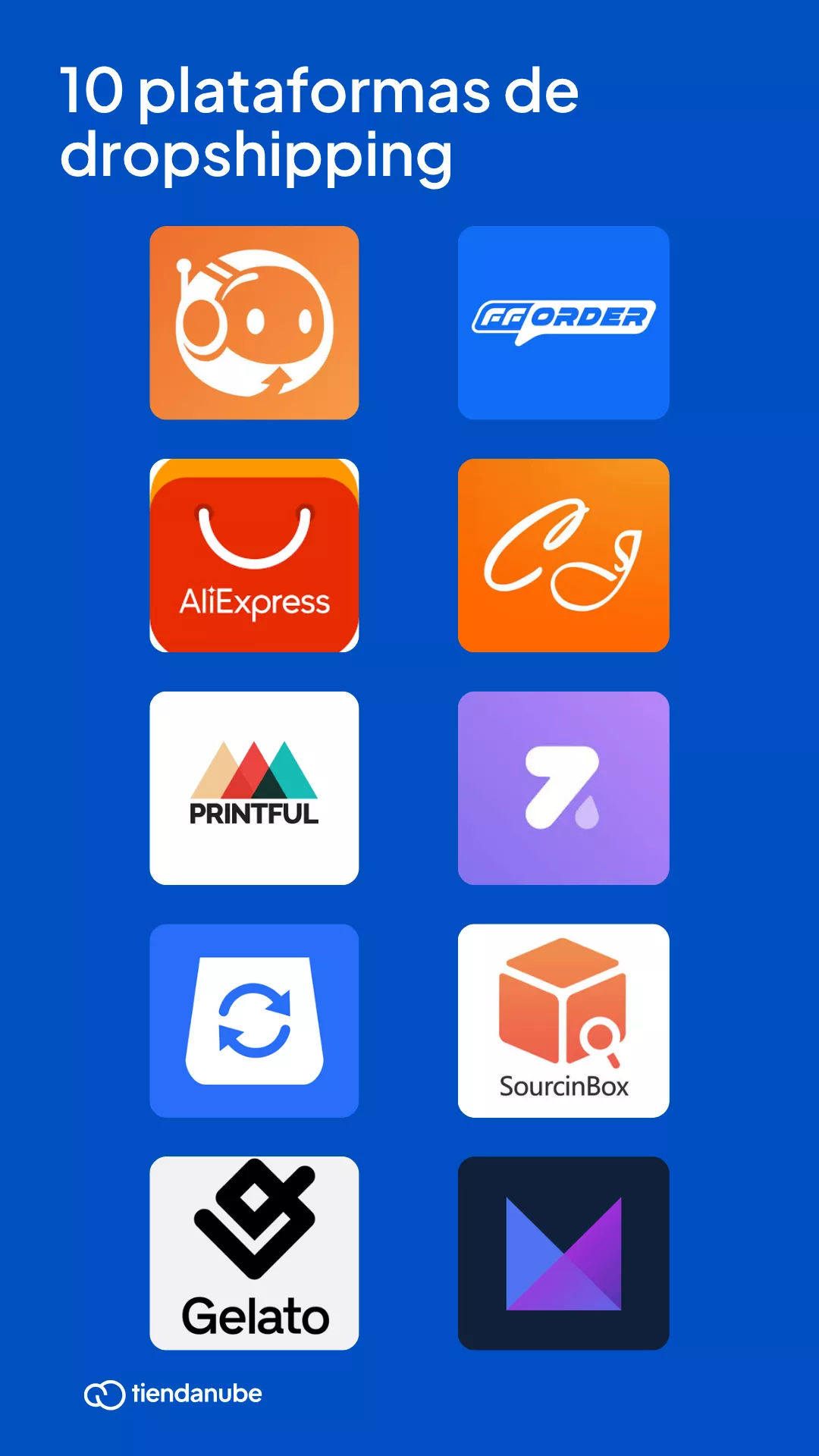 10 plataformas de dropshipping: Dropi FFOrder AliExpress CJ Dropshipping Printful Zendrop SourcinBox Gelato Syncee Modalyst