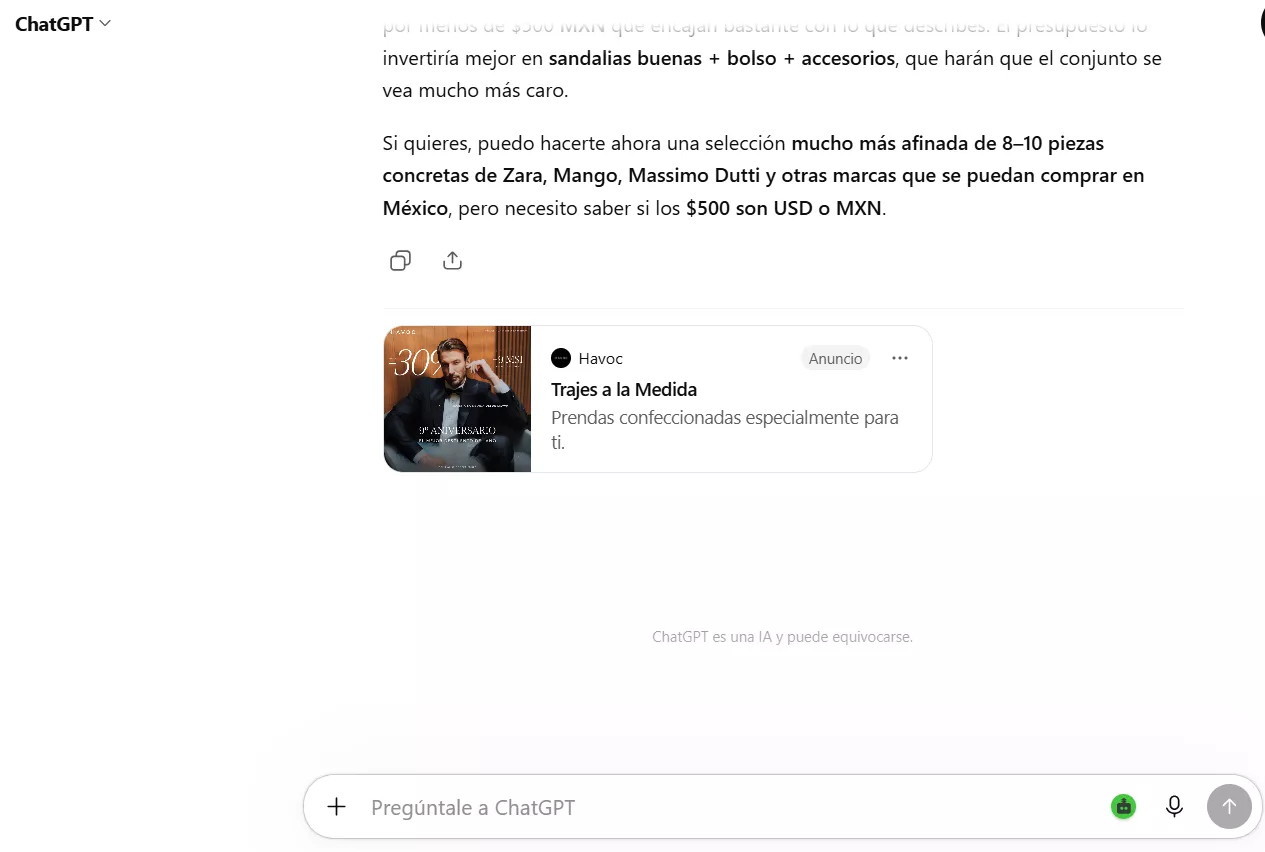 Ejemplo de ChatGPT Ads.